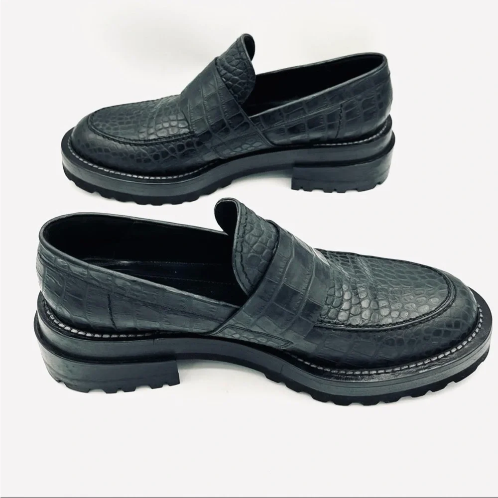 Marni Teal Croc-Effect Embossed Leather Platform Loafers | Lug Sole EU 38 / US 8 - Picture 2 of 11